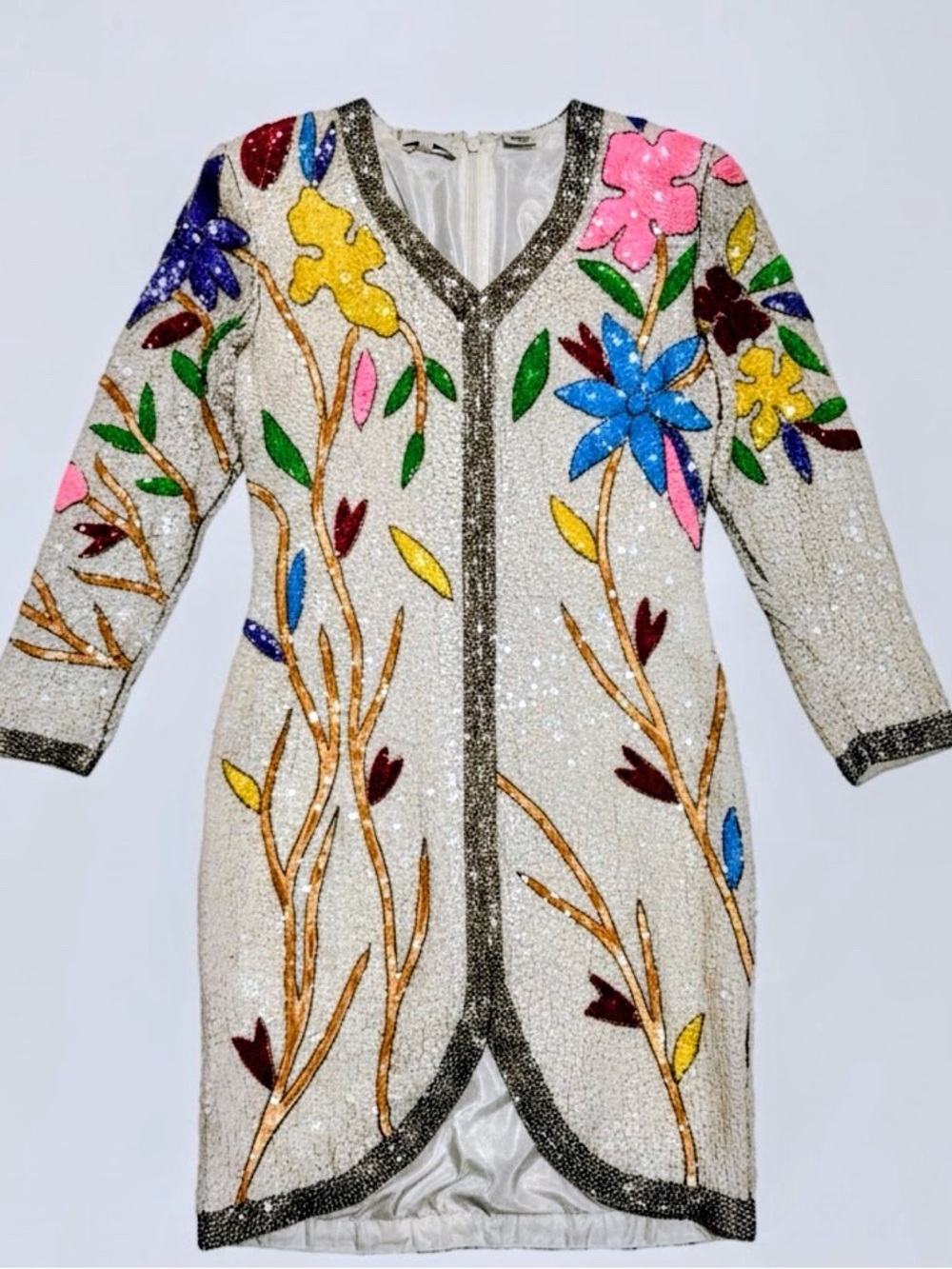 Vintage 80s SILK Fully Sequin & Beaded Floral Dress - Multicolor on Ivory